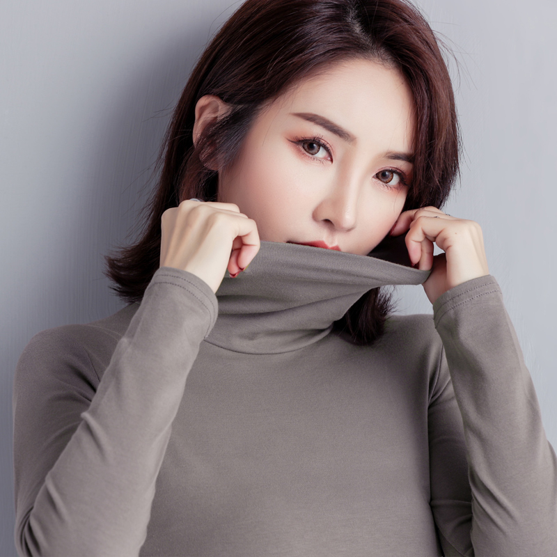 Beige coffee color turtleneck base shirt women's long-sleeved 2021 autumn and winter new Korean version of the tight T-shirt women's pure cotton outside the autumn coat