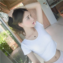 Open navel short white short sleeve t-shirt women Summer Korean version of students high waist leak belly button machine cotton top