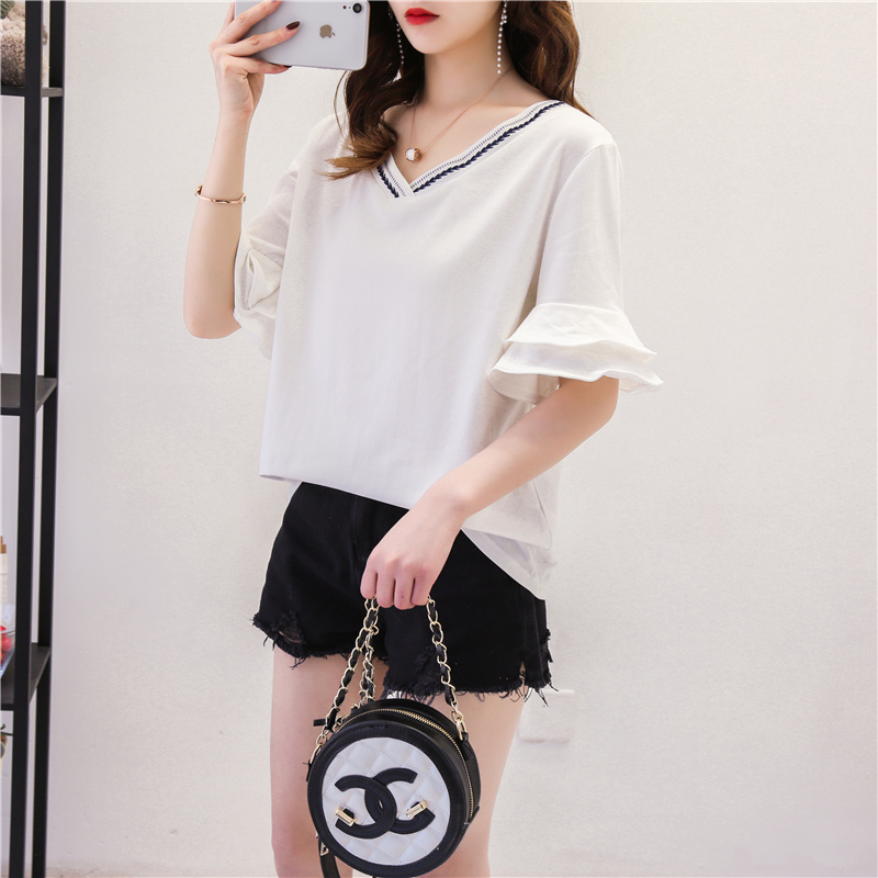 Áo thun siêu ngắn cec tay ngắn nữ 2019 mới ra mắt mùa hè phiên bản Hàn Quốc của áo tay lửng cổ vuông vuông cẩn thận trên máy - Áo phông áo thun tay dài nữ