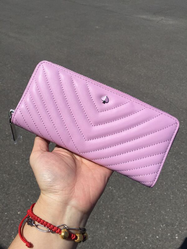 Kate Spade New Style Lambskin Black Pink Lotus Color Gold Long Zipper Wallet