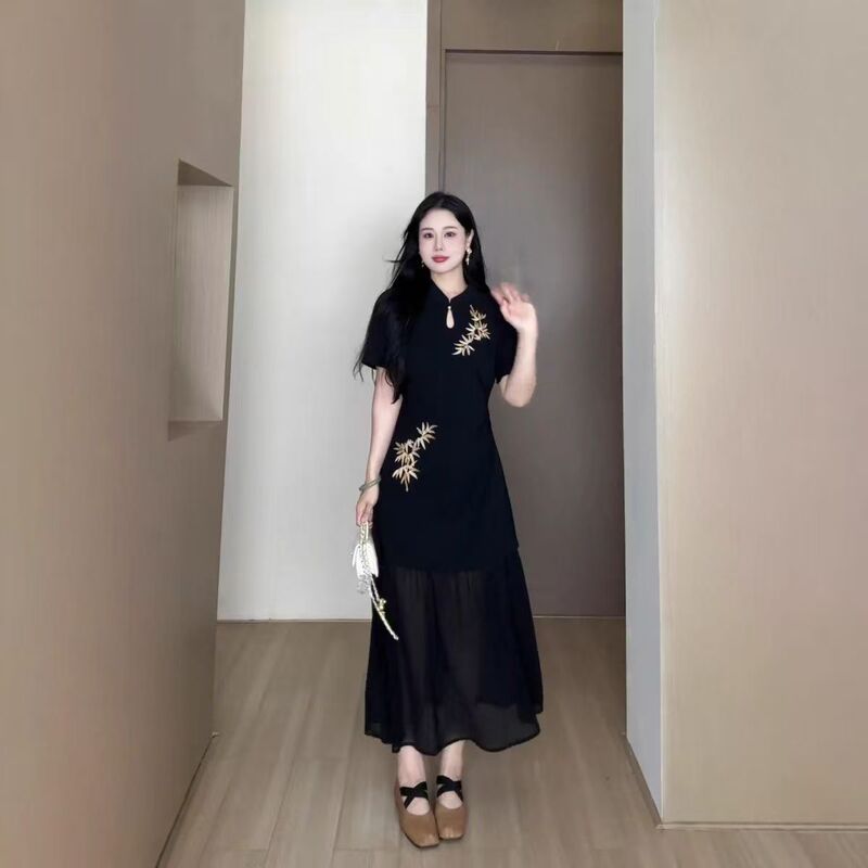 Plus-Size Fat Girl New Chinese-Style National Embroidery Little Black Dress 2026 Summer Belly-Covering Slimming Drapey Long Dress