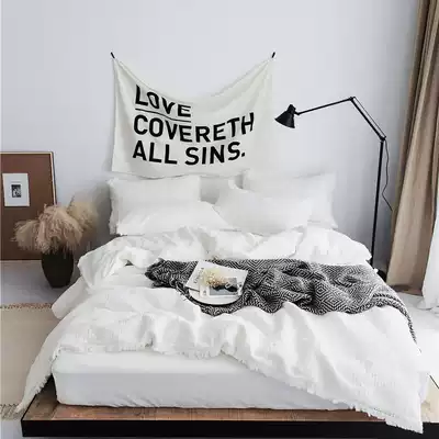 You are Korean-style Japanese-style unprinted solid color retro pure cotton washed cotton star bed four-piece set Pure white bed set