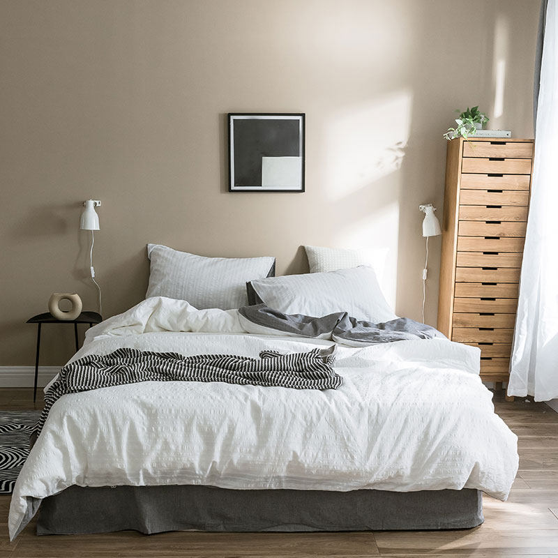 ins minimalist day style Nordic full cotton bubble yarn bed three-four pieces of bed sheet bed linen grey powder Grey Pink