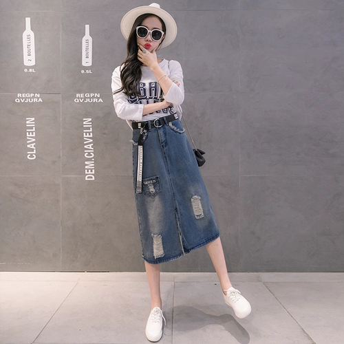 Длинная осенняя джинсовая юбка, высокая талия, А-силуэт