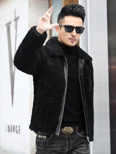 Haining Large-Grained Shearling Men's Shearling Leather Integrated Short Lapel Fur Coat Jacket Casual Winter Outerwear