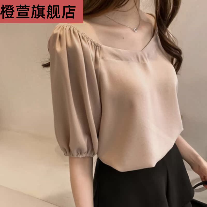 Mùa hè cộng với sân ngắn tay cổ chữ V thay đổi nội dung chất béo áo voan MM cổ tích T-shirt bụng đèn lồng tay áo một triều từ vai