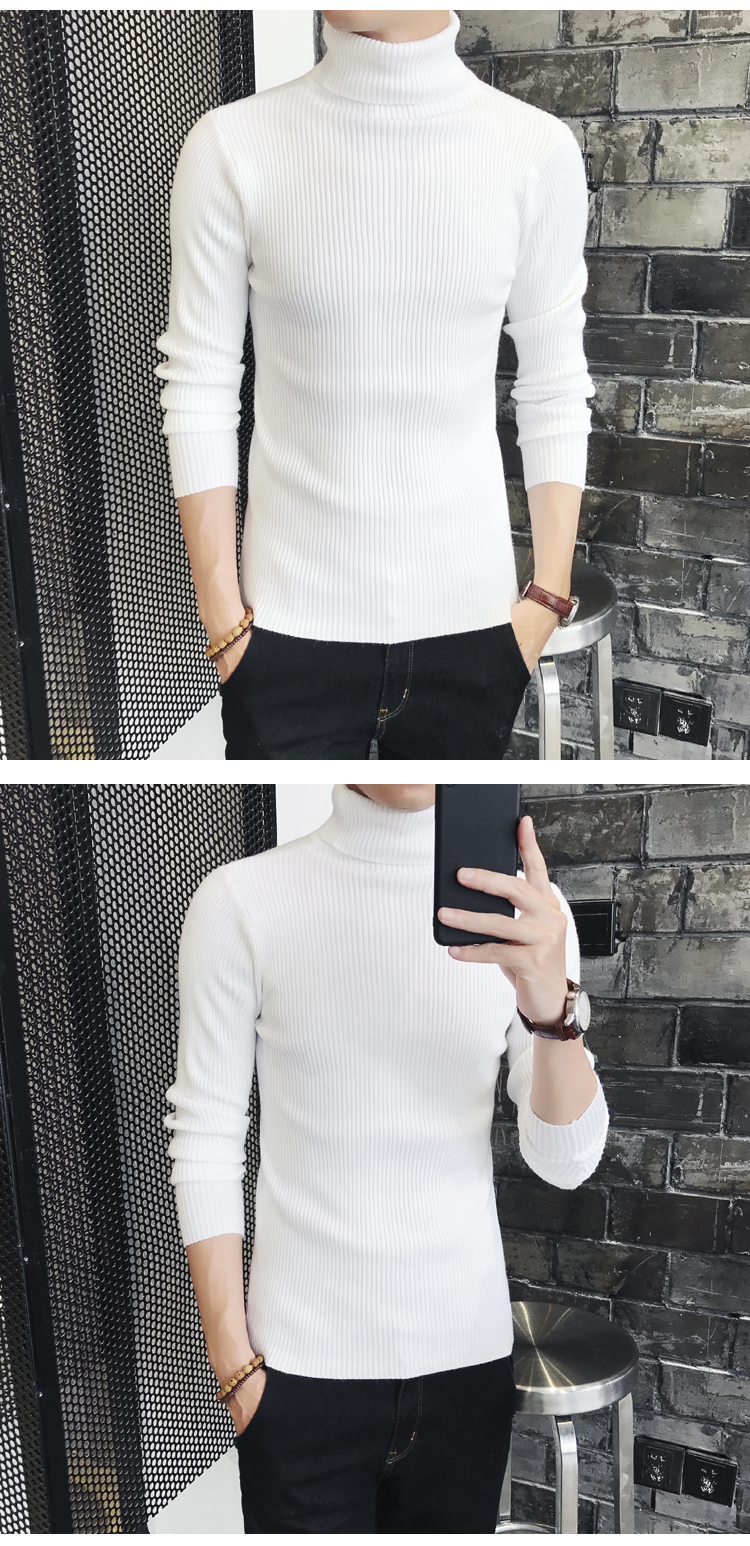 Của nam giới Slim Hàn Quốc Cao cổ Áo Len Hai Ve Áo Cổ Áo Màu Rắn Đáy Áo Tight Knit Áo Mùa Thu Mùa Đông Nam Mặc