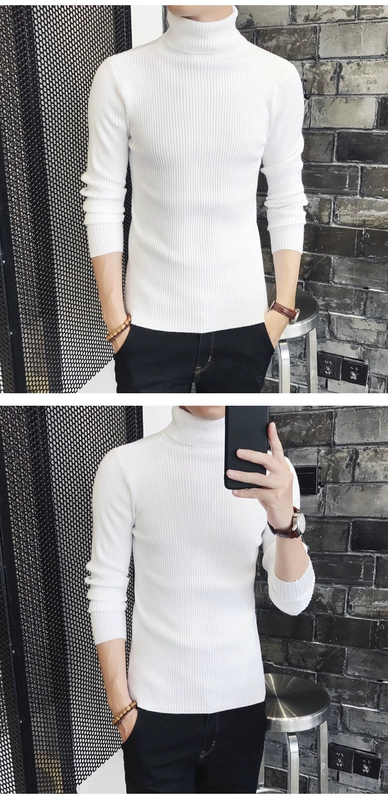 Của nam giới Slim Hàn Quốc Cao cổ Áo Len Hai Ve Áo Cổ Áo Màu Rắn Đáy Áo Tight Knit Áo Mùa Thu Mùa Đông Nam Mặc áo len nam hàn quốc