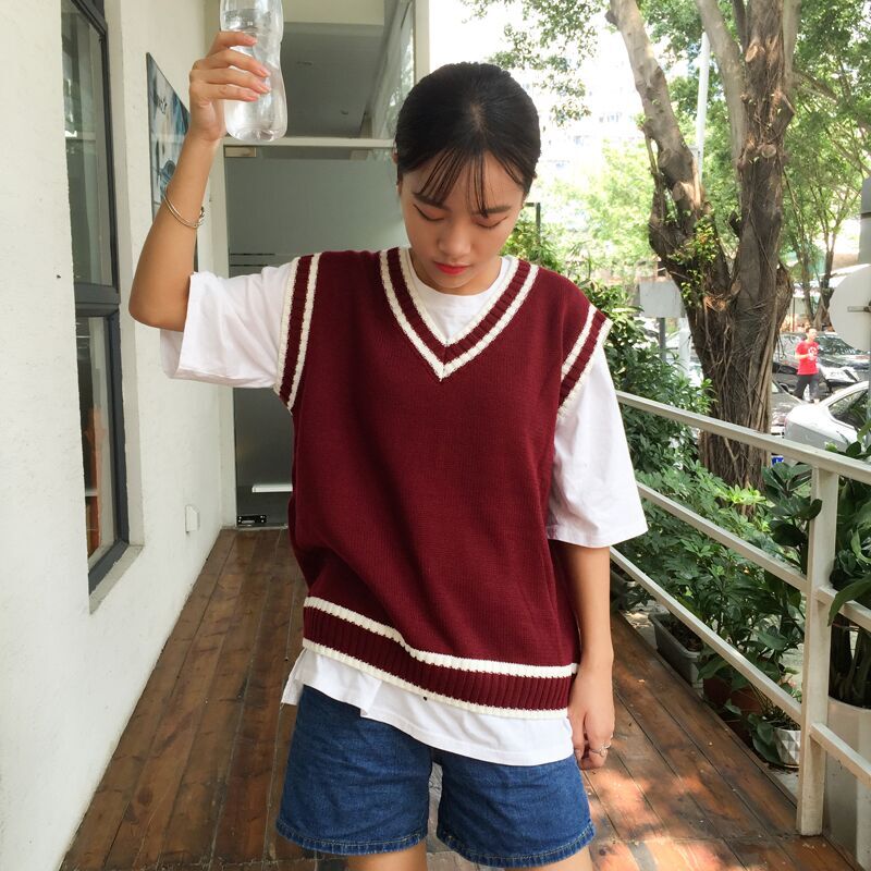 Mùa xuân 2018 đại học áo len gió vest vest nữ hoang dã v-cổ áo thun áo len học sinh áo khoác len nữ ngắn