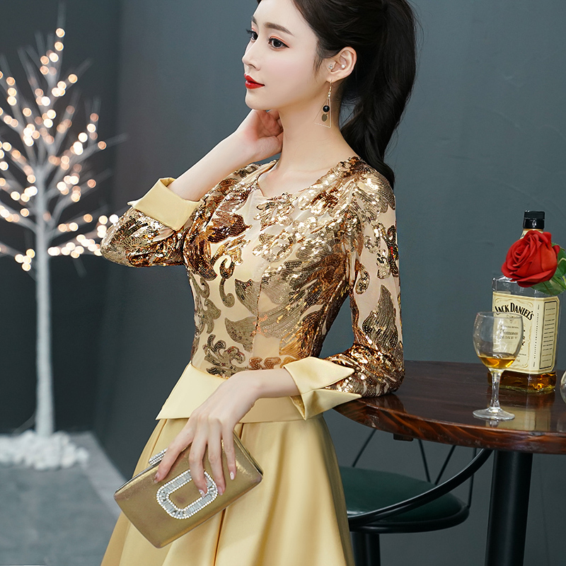Golden Evening Dress for Women, High-End, Noble, Young Mother's Wedding Banquet Outfit, Petite Annual Meeting Host Dress
