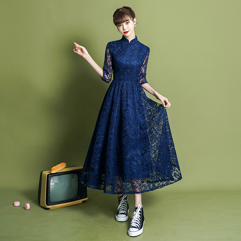Blue Lace Evening Dress for Women, Suitable for Everyday Wear, Elegant Banquet Attire, New Chinese Style, Suitable for Mother-In-Law, Wedding Banquet Dress