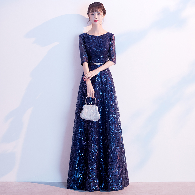Blue Sequin Mother's Evening Dress, Elegant and Classy, Suitable for High-End Annual Meetings, Hostess, Choir Performance, Long Dress