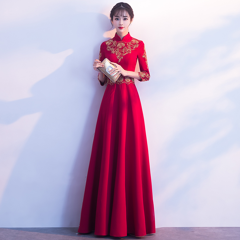 Chinese toast bridal qipao 2021 new winter Chinese wind red long version wedding back door gown skirt dresses