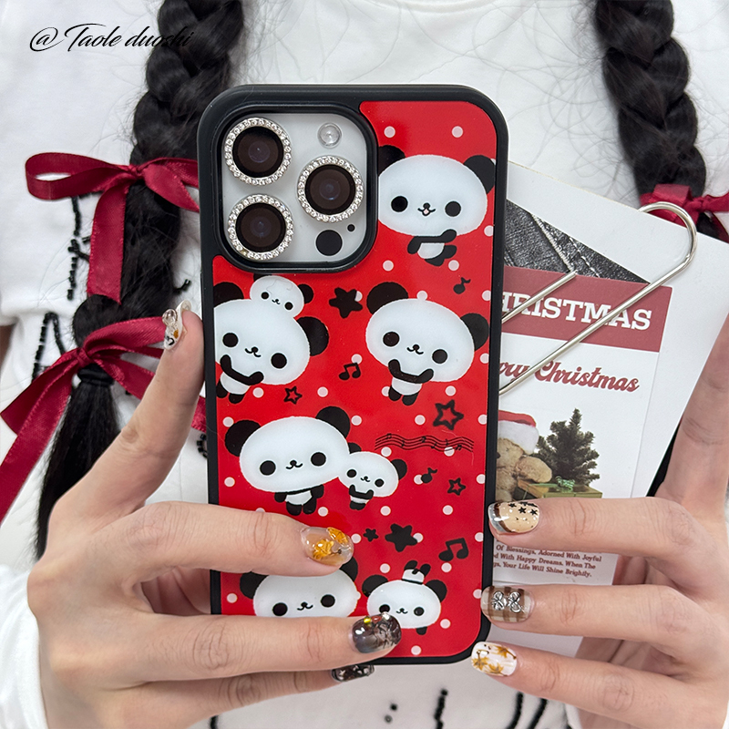 Suitable for Apple, Oppo, Honor, Vivo, Xiaomi Plus, Huawei, Iqoo, Redmi 16 Pro Max Full Coverage iPhone Phone Case, Cute Retro Vintage Panda Star Polka Dot Soft Black Edge Cover