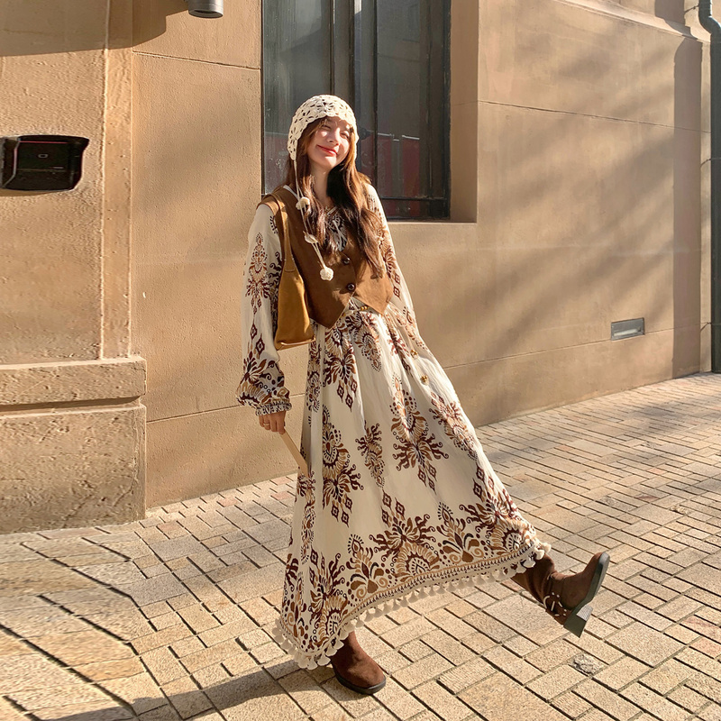 Bohemian Ethnic Style Vest Dress Set 2026 New Women's Spring Very Pretty Floral Long Dress Complete Set Bohemian Ethnic Style Vest Dress Set 2026 New Women's Spring Very Pretty Floral Long Dress Complete Set