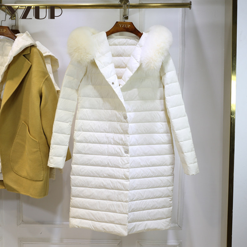 Light-thin-style fox fur collar down jacket for women's mid-length version of the winter new Korean version 100 lap up to cap jacket