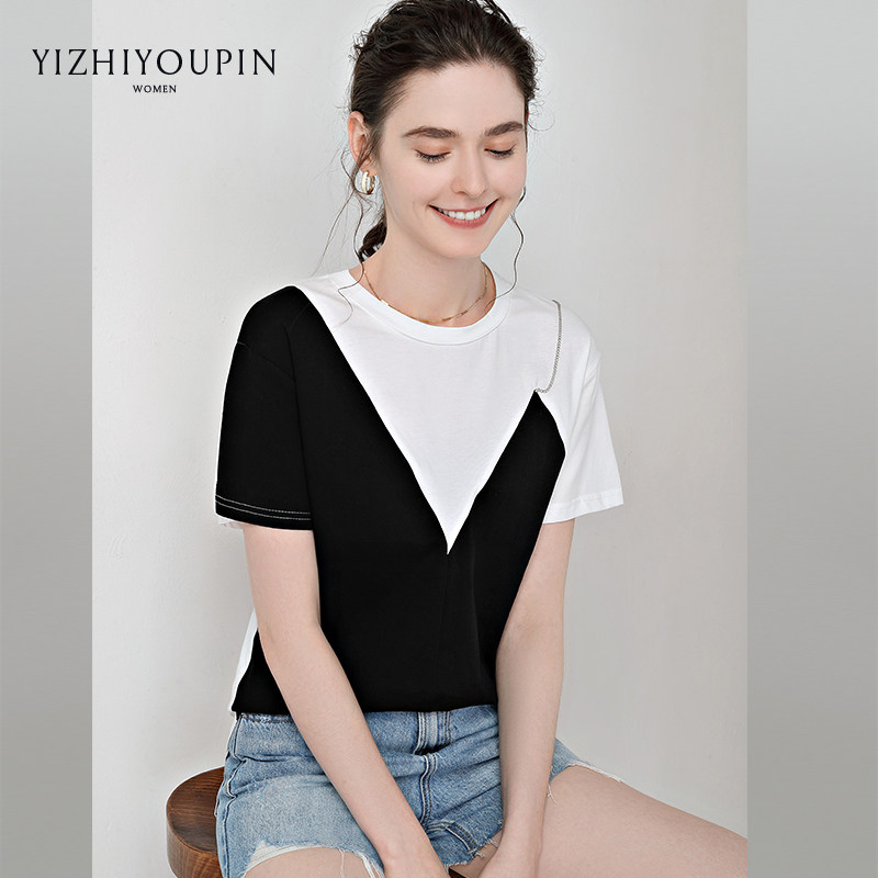 Black & White Collision Color Splicing T-Shirt Woman Short Sleeve Fake two European goods Ins Tide Easing 2021 New Summer Half Sleeve Blouse