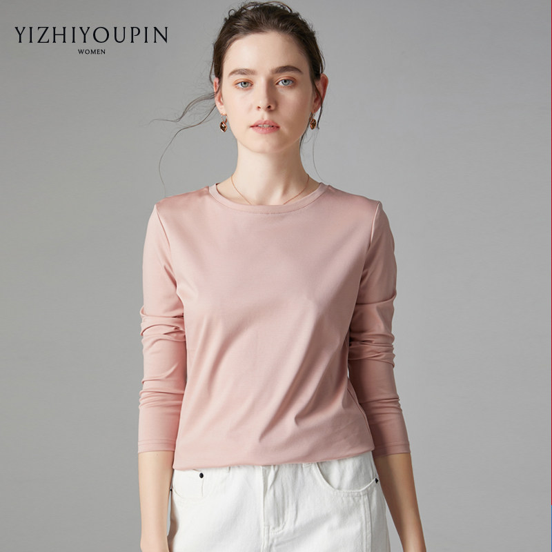 Long sleeve T-shirt female hit undershirt inner lap silk light cotton blouse 2022 spring Korean version pure color round collar small-shirt tide