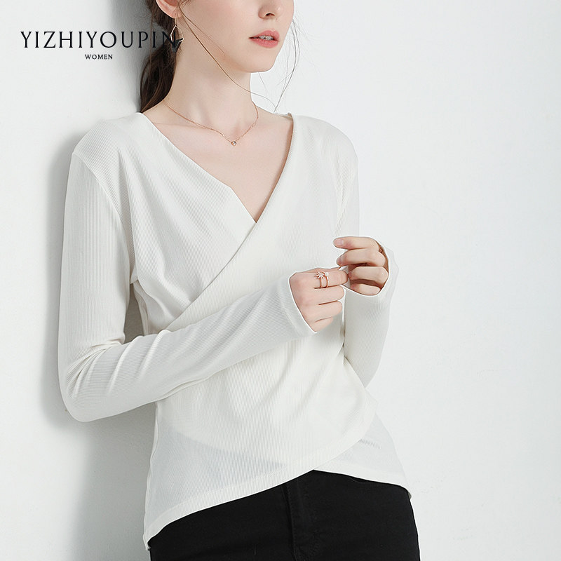 White V-neck T-shirt women's long-sleeved 2022 autumn new European goods slim fit and thin, Hyun Ya wind cross-neck top trendy