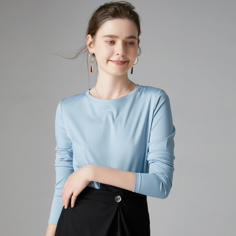 Long sleeve T-shirt female silk light cotton 2022 spring new pure color loose white blouses pure cotton black undershirt tide