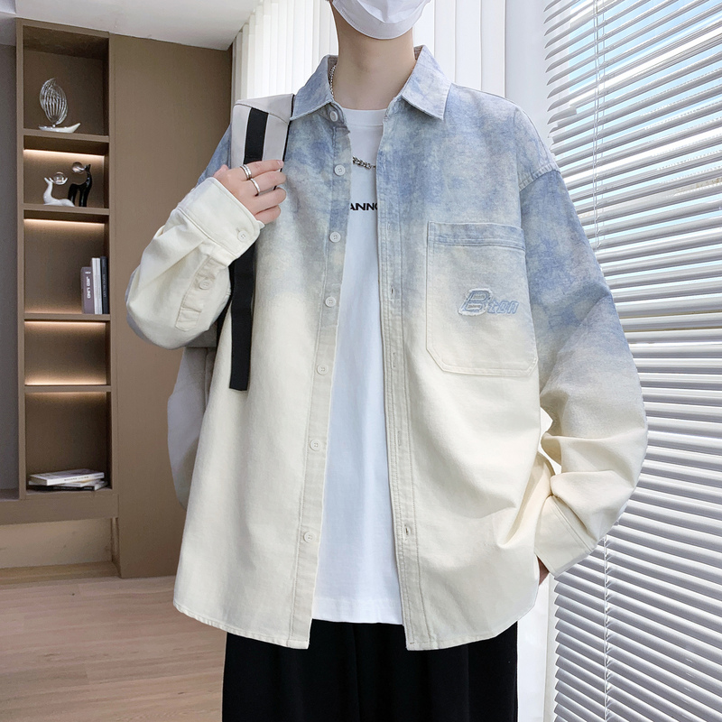 Pure Cotton Shirt Jacket for Men, Spring and Autumn Trendy Brand Lapel Jacket, Long-Sleeved Stylish Gradient Color Top for Teenagers and Students