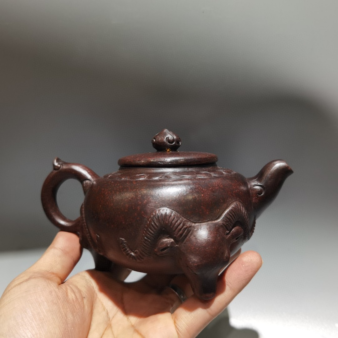 ♦中国古美術品 宜興窯賓山倣古 紫砂 紫泥 鋲打ち丸形三足ミニ盆栽鉢古玩 骨董品 ♢中国古美術品 宜興窯賓山倣古 紫砂 紫泥 鋲打ち丸形三足ミニ