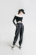 ANYQUESTION/Black gray dark printed silky all over printed Elastic waist trousers casual sport