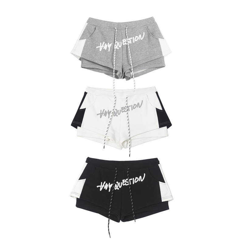 Anyquestion/Black, White, and Gray Three-Color Graffiti Print Contrasting Double-Layer Sports Shorts Casual Pants