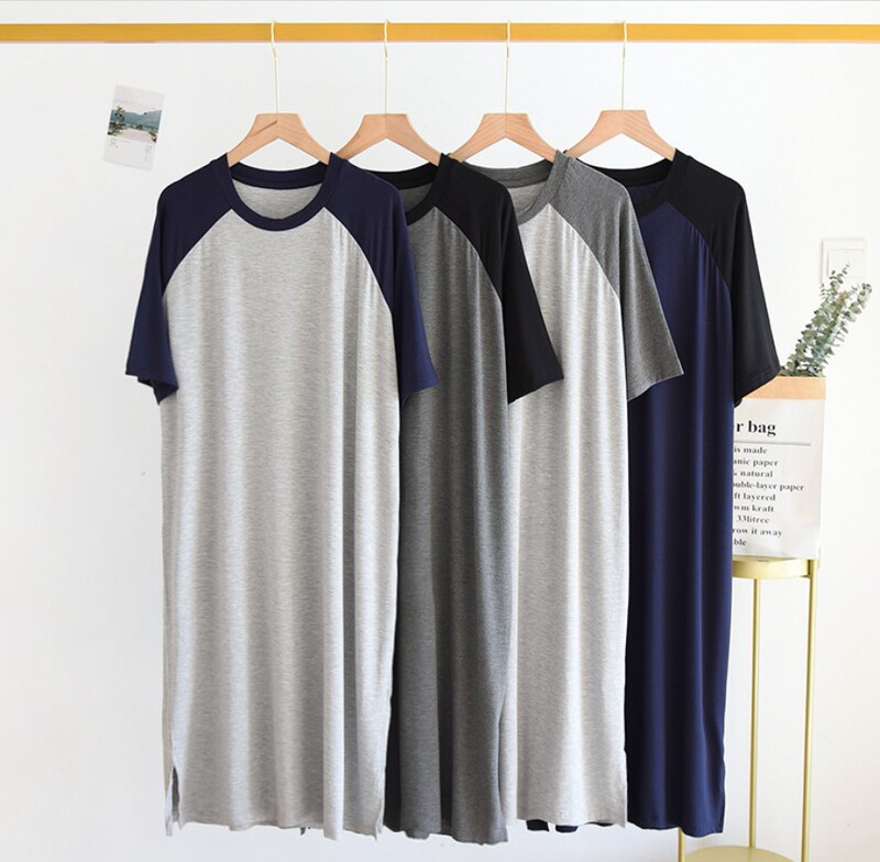 Men's Modal Summer Short-Sleeved Nightgown, Loose Large Size T-Shirt, Pullover Nightgown, Mid-Length Outer Wear Pajamas, Pure Color and Thin