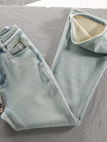 Flared Jeans for Women, Slim Fit, High Waist, 2025 Autumn and Winter New Style, Thickened and Fleece-Lined, Four-Way Stretch, Drapey, Light-Colored Bell-Bottom Pants