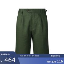 GIEVES CHARLES SUMMER NEW PINKY INK GREEN THIN Flax Single Pleats for Waist Loops Shorts Male Pants