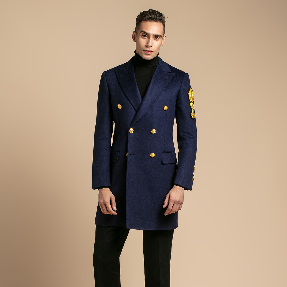 GIEVES CHARLES limited edition Royal Navy sleeve arm badge cashmere wool blend men gold buckle coat