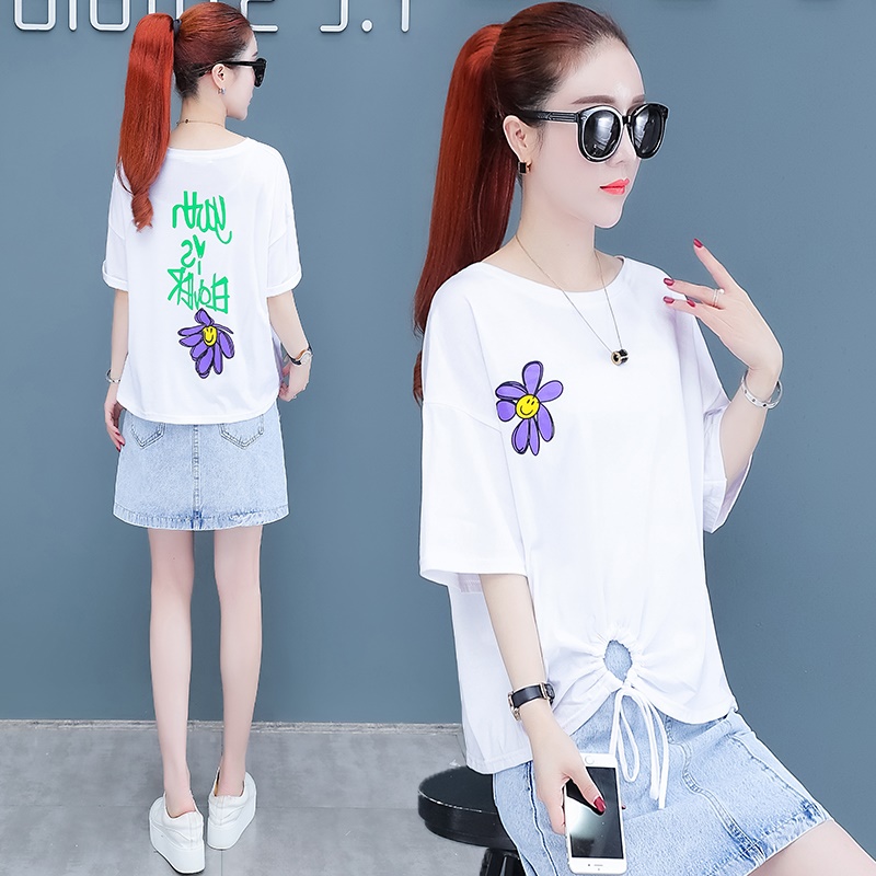 Hướng dương in hoa cúc nhỏ t-shirt của phụ nữ thuần xu hướng màu đỏ gió lười biếng lỏng Hàn Quốc phiên bản của tay áo ngắn giản dị vòng cổ