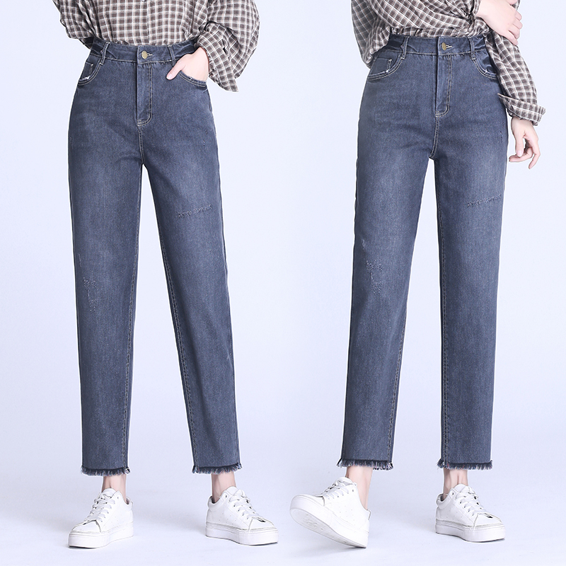 Lưng cao denim chín điểm quần nữ mùa hè 2020 sành điệu thời trang tóc-gọng lỏng quần Harun quần củ cải mỏng