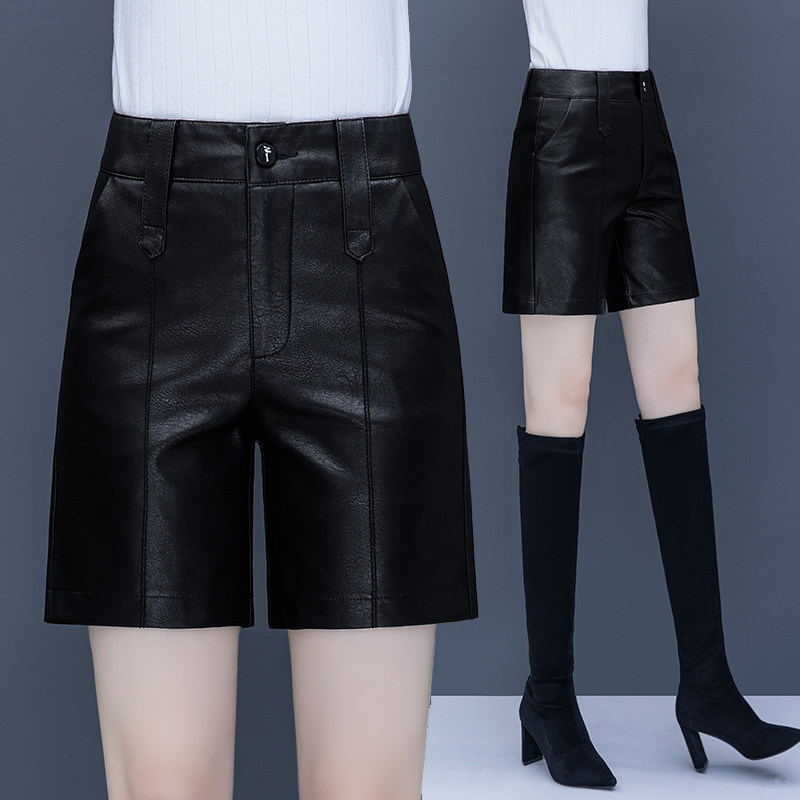 Trend Fashion Leather Shorts Women 2022 Spring Autumn Season New High Waist Pu Leather Pants With Slim A Character Loose Boots Pants