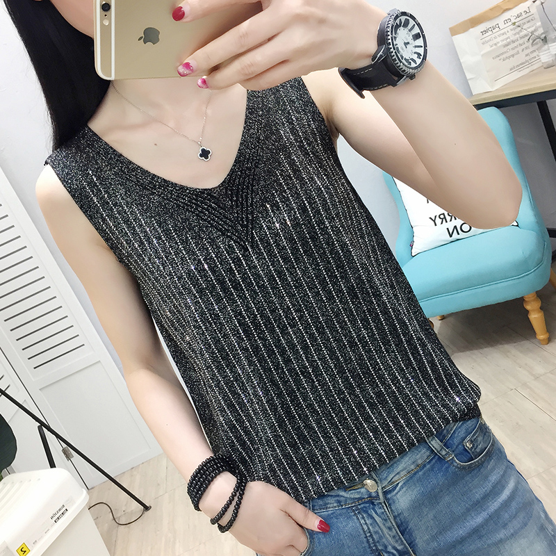 Bright Silk Black Harnesses Vest Woman Summer Outside Wearing Ice Silk Knit Inner Hitch Loose V Collar Foreign Pie Mesh Red Ins Bronzed