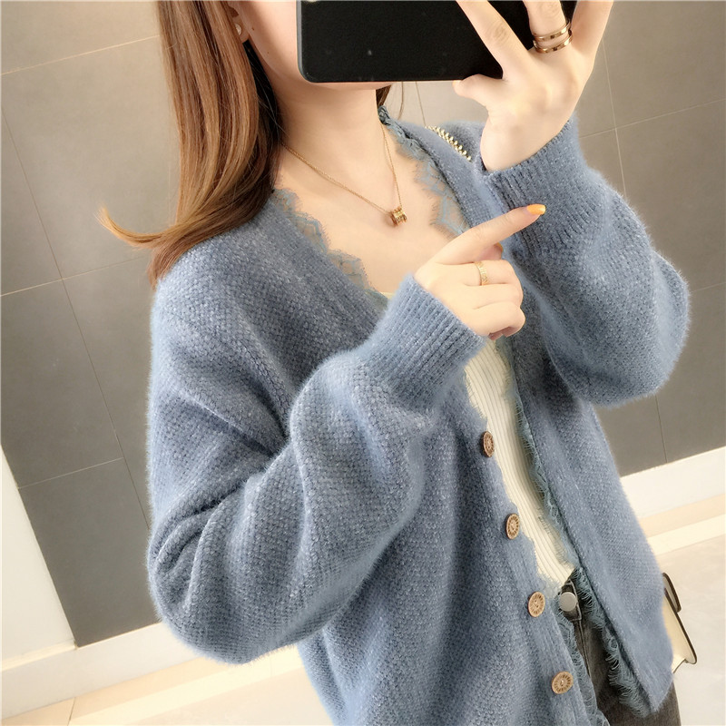 2020 mùa xuân Outfit New Mink ren nhung v-cổ áo len bên ngoài lỏng phụ nữ cardigan của mặc một chiếc áo len áo khoác Snowy