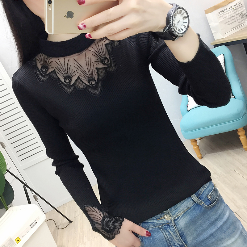 Half turtleneck lace bottoming shirt women's autumn new black slim fit thin knitted sweater long-sleeved all-match inner sweater