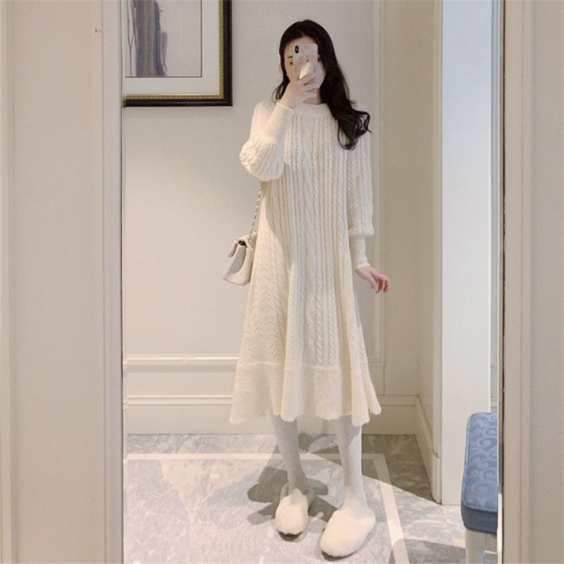 2021 autumn-winter new French knitted dress mezzo-length over-the-knee sweater skirt with a long skirt over a coat
