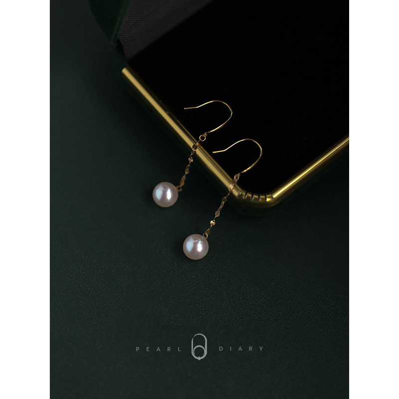 18K Gold Earrings Tiles Chain Ear Hook Earrings Earrings Pearl Earrings Temperament Akoya Glossy Fresh Water Positive Round Auris