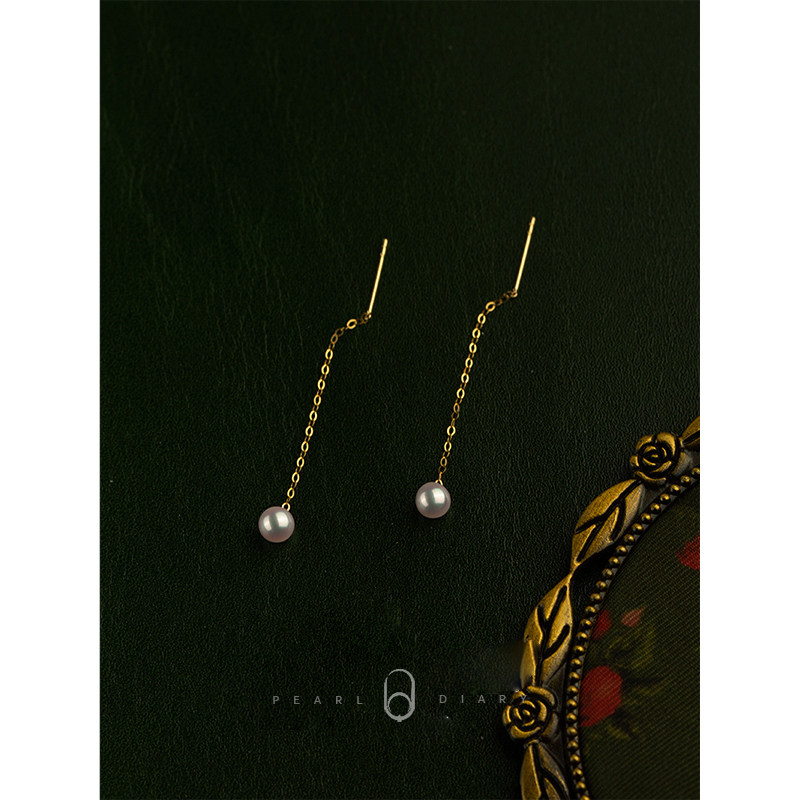 (Elegant) Natural Akoya Glossy Pearl Earline 18K Gold 3cm Delicate Earrings Send Girlfriend Gift
