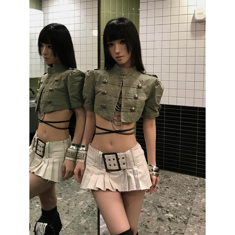 American-Style Spicy Girl Double-Button Wide Waistband Low-Waist Short Skirt Women's Y2K Vintage Light Asian Style Frayed Pleated Denim Skirt