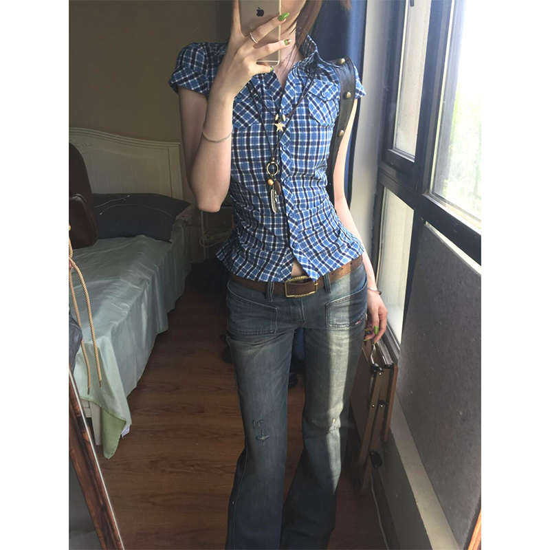 Y2K Vintage Top for Women, Y2K Style, Hot Girl Millennium Outfit, American Style Blue Plaid Short-Sleeve Slim-Fit Cinched Waist Shirt