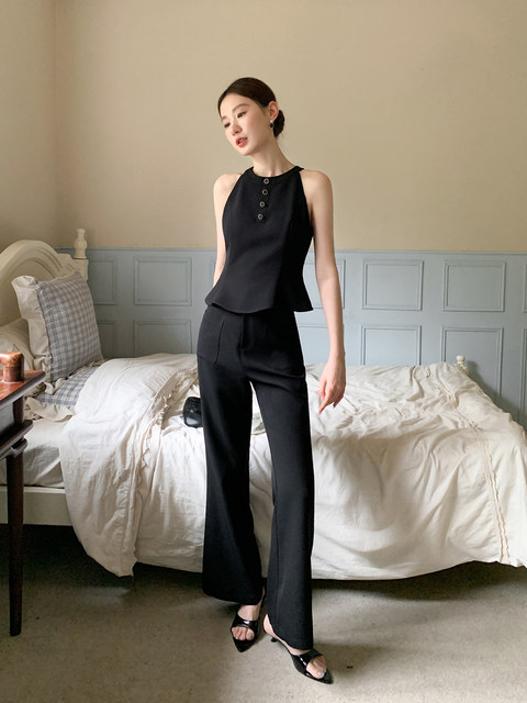 Xxning French-Style Suspender Flared Pants Tweed Suit for Women, Sleeveless Vest, Casual Pants, Slim Fit, Two-Piece Set