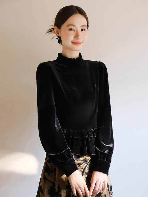 Xxning French-Style Ruffled Stand-Up Collar Velvet Shirt for Women, New Autumn and Winter Slim-Fit Outerwear Base Shirt