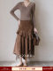Xxning French Retro Ruffled Suede Skirt with Tassels for Women in Autumn and Winter, Asymmetrical Hem A-Line Skirt Long Skirt