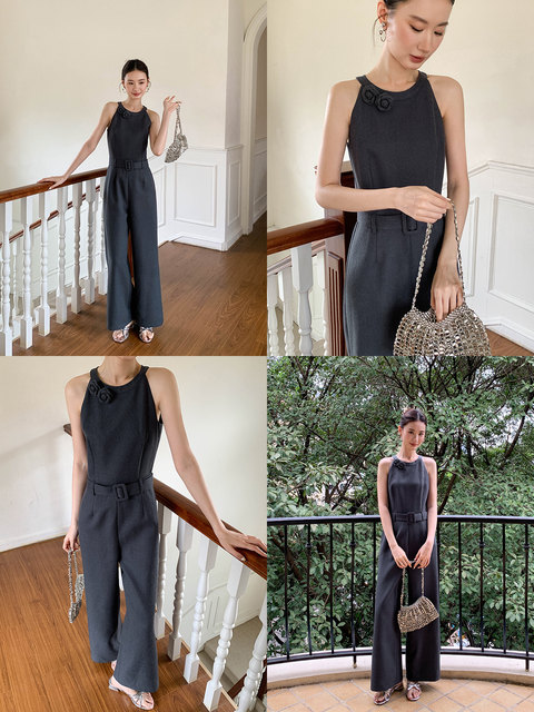 Xxning French-Style Halter Neck Waist-Cinching Jumpsuit for Women, New Autumn Three-Dimensional Cut Wide-Leg Casual Pants