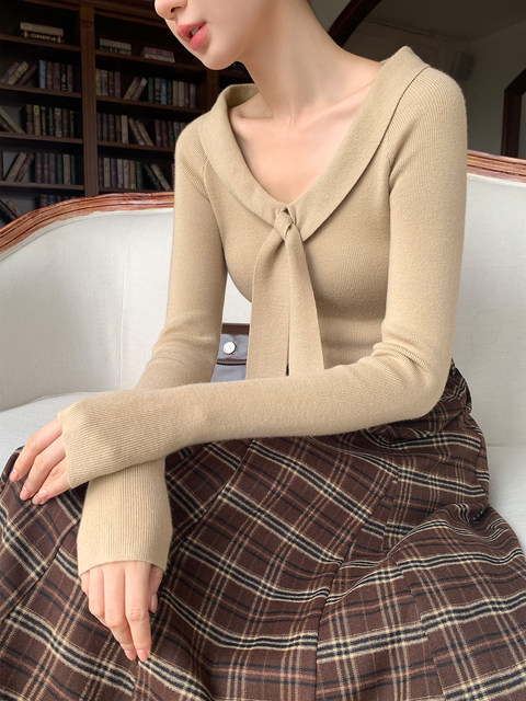Xxning Lapel Ribbon Slim Knit Sweater for Women, Autumn and Winter, Slim Fit, Elegant, Slimming, Gentle, Commuting, Casual Top