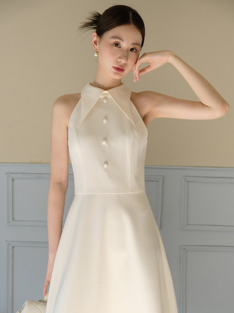 Xxning French-Style Halter Neck Small Stand Collar Waist-Cinching Dress for Women, Niche Design New Style Suit Collar Waist-Cinching Long Dress