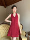 Xxning French Retro Red Polka Dot Halterneck Dress for Women Autum Seaside Resort Style Sleeveless Backless Long Dress